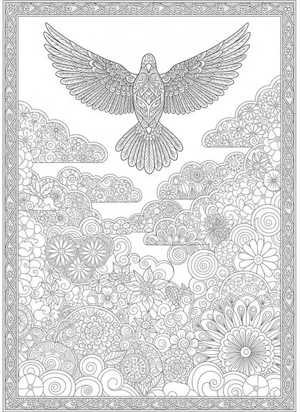 Paloma descendiendo, página para colorear del Espíritu Santo estilo journaling bíblico para adultos.