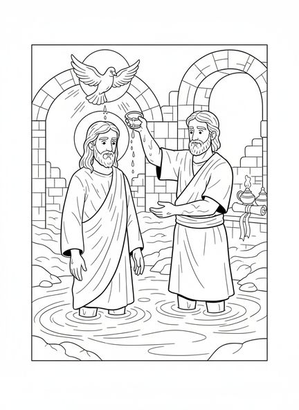 Jesús siendo bautizado, página para colorear del Espíritu Santo en forma de paloma para niños de la Escuela Dominical de 5 a 12 años
