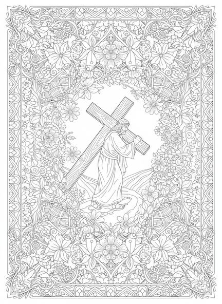 Jesus carrying cross, Crucifixion coloring page for adults Bible journaling style