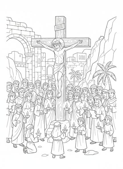Multidão de pessoas, página para colorir da Crucificação para crianças da Escola Dominical de 5 a 12 anos