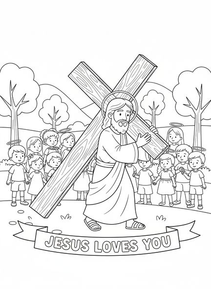 Jesus carrying a cross, Easter Cross coloring page for kids age 5-10.
