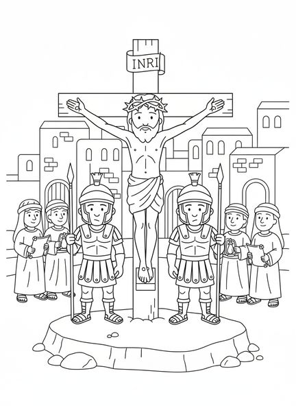 Jezus aan het kruis, kleurplaat van het Paaskruis voor Zondagsschoolkinderen van 5-12 jaar.