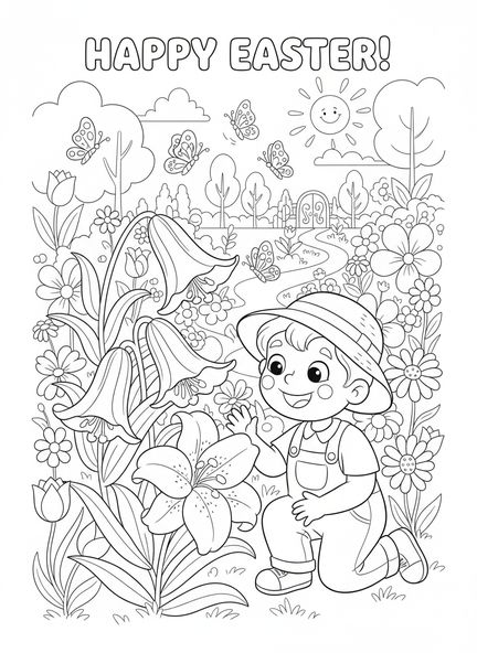 Child examining flowers, Easter Lily coloring page for kids age 5-10