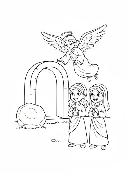 Two joyful women, Empty Tomb coloring page for kids age 5-10
