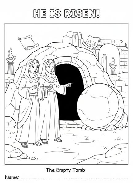 Zwei Frauen, Ausmalbild vom leeren Grab für Kinder in der Sonntagsschule im Alter von 5-12 Jahren.