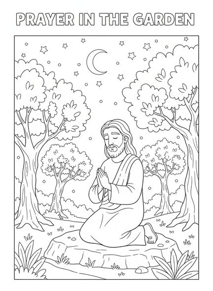 Jesus praying in the garden, Good Friday coloring page for kids age 5-10.