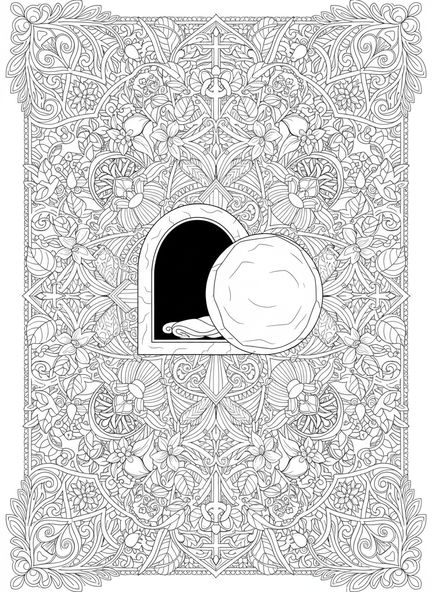 Tombeau ouvert avec une pierre roulée, page à colorier 'Il est ressuscité' pour le journal biblique pour adultes.