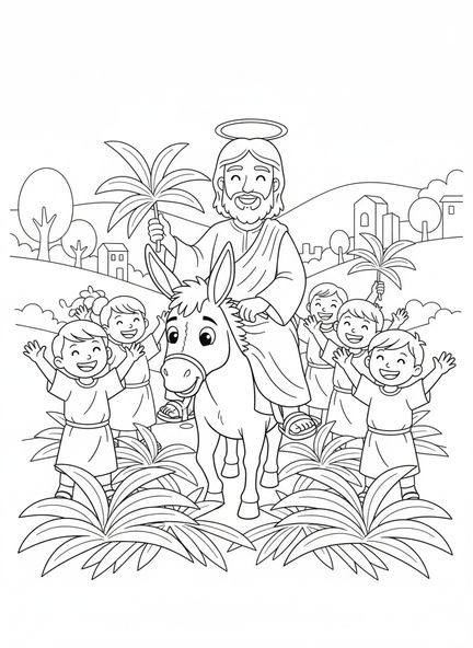 Jesus on a donkey, Palm Sunday coloring page for kids age 5-10