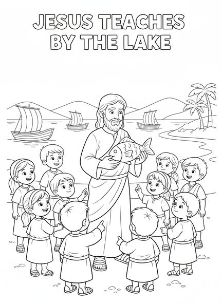 Jesús enseñando a los niños sobre los peces, página para colorear del símbolo Ichthys para niños de 5 a 10 años