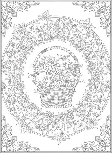Cesta decorativa de frutas, página para colorear sobre los Frutos del Espíritu para adultos en estilo de journaling bíblico