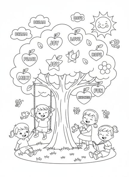 Árbol grande con frutos, Página para colorear sobre los Frutos del Espíritu para niños de 5 a 10 años