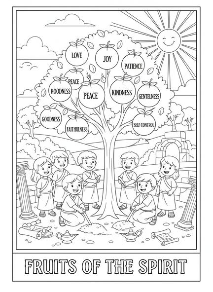 Niños plantando un árbol frutal, página para colorear Frutos del Espíritu para niños de Escuela Dominical de 5 a 12 años.