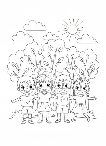 Grupo de niños con cruces de ceniza, página para colorear del Miércoles de Ceniza para niños de 5 a 10 años.
