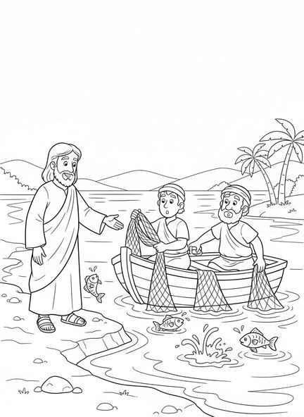 Jesús llamando a los pescadores, página para colorear de Llamando a los Discípulos para niños de 5 a 10 años