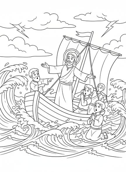 Jesús en la barca, página para colorear de Calmar la Tormenta para niños de 5 a 10 años