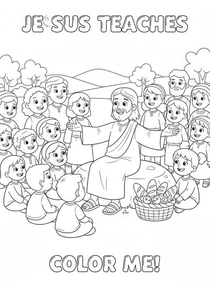 Jesús con niños, página para colorear de la alimentación de 5000 para niños de 5 a 10 años