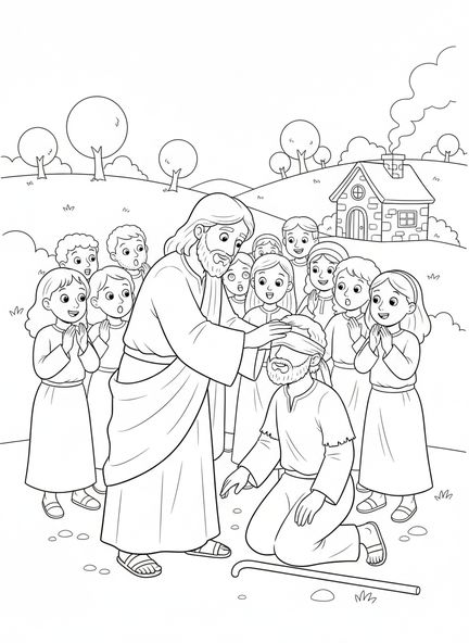 Jesús tocando a un ciego, página para colorear de la sanación del ciego para niños de 5 a 10 años