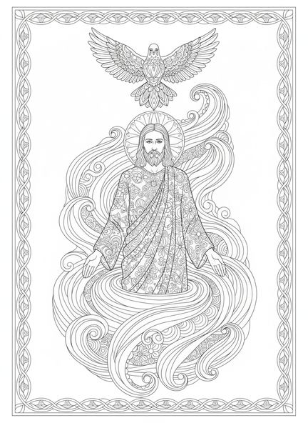 Jesús en el río, página para colorear del Bautismo de Jesús estilo journaling bíblico para adultos