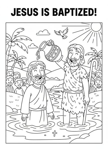 Jesús en el río Jordán, página para colorear del Bautismo de Jesús para niños de 5 a 10 años