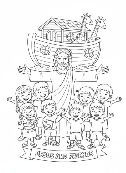 Jesús rodeado de niños alegres, Jesús ama a los niños, página para colorear de Jesús bendiciendo a los niños para niños de 5 a 10 años.