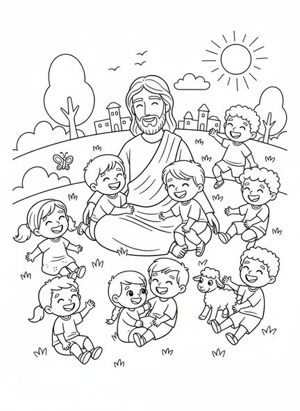 Jesús sonriendo con niños, Jesús ama a los niños, página para colorear de Jesús con niños en su regazo para niños de 5 a 10 años