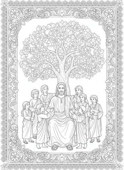 Jesús con niños, página para colorear Jesús ama a los niños en estilo de journaling bíblico para adultos.