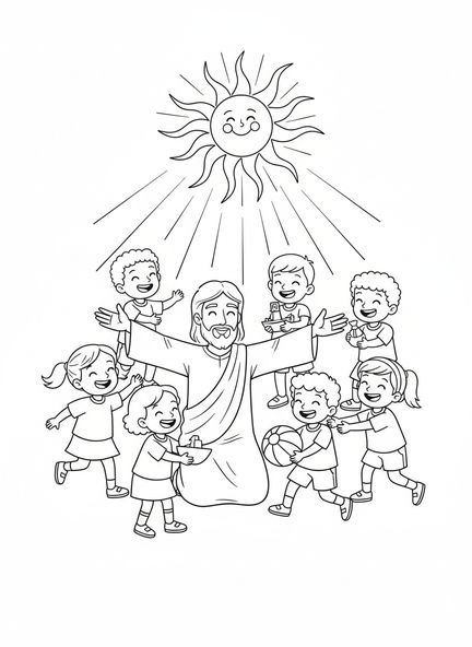 Jesús con los brazos abiertos, página para colorear Jesús ama a los niños para niños de 5 a 10 años.