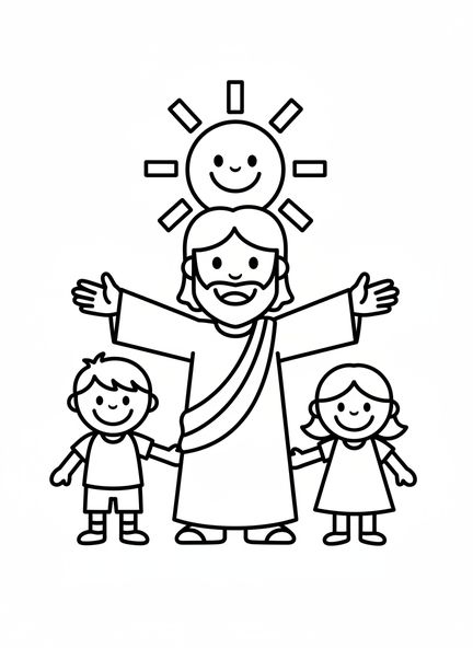 Jesús sonriente con niños, página para colorear Jesús ama a los niños para preescolares de 3 a 5 años