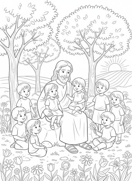 Jesús con niños, página para colorear Jesús Ama a los Niños para la Escuela Dominical de 5 a 12 años