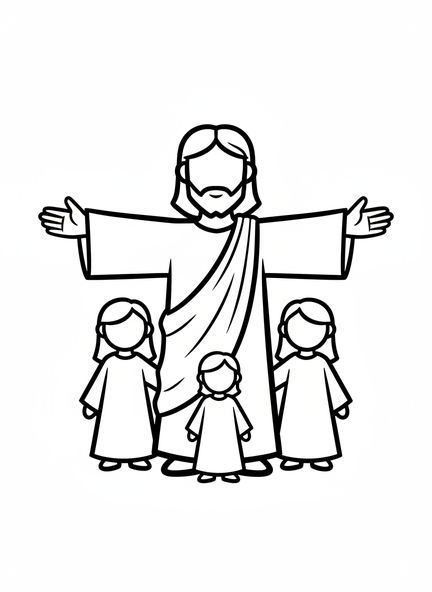 Jesús con niños, página para colorear Jesús ama a los niños para niños de 2 a 3 años