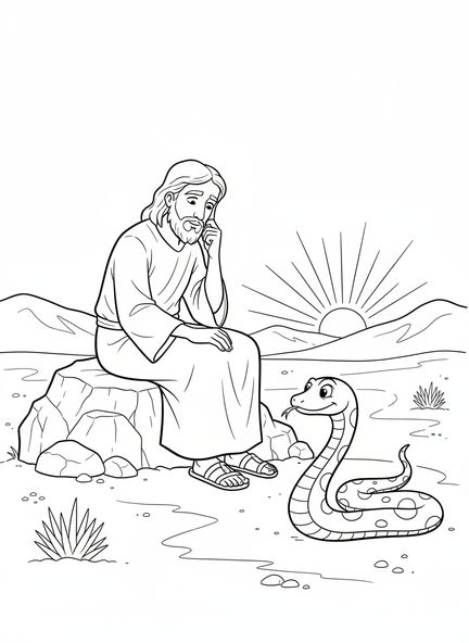 Jesús sentado en una roca, página para colorear sobre la Tentación de Jesús para niños de 5 a 10 años.