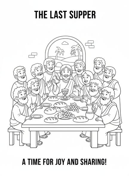 Jesús y los discípulos, página para colorear de la Última Cena para niños de 5 a 10 años