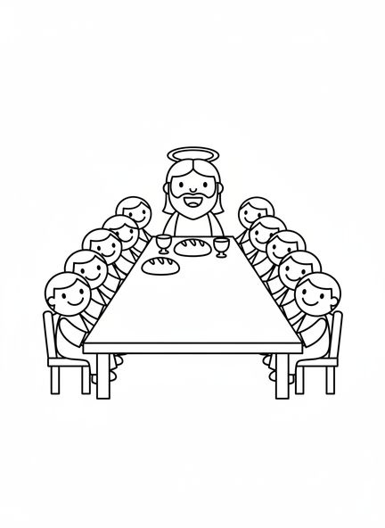 Jesús y los discípulos, página para colorear de la Última Cena para niños de 3 a 5 años