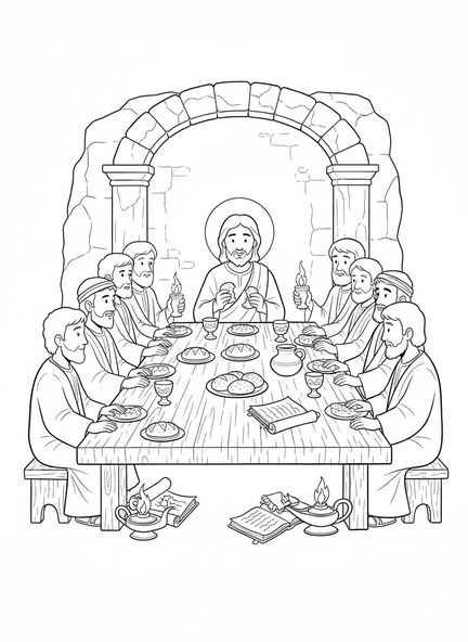Jesús en la mesa, página para colorear de la Última Cena para niños de la Escuela Dominical de 5 a 12 años.