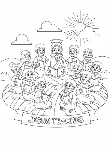 Jesús enseñando a los discípulos, página para colorear del Padre Nuestro para niños de 5 a 10 años