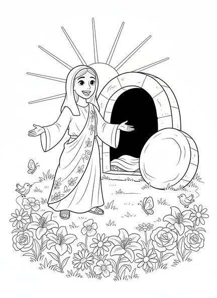 María Magdalena junto al sepulcro abierto, página para colorear de María Magdalena para niños de 5 a 10 años.