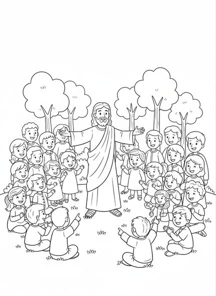 Jesús enseñando a la multitud, página para colorear del Sermón del Monte para niños de 5 a 10 años