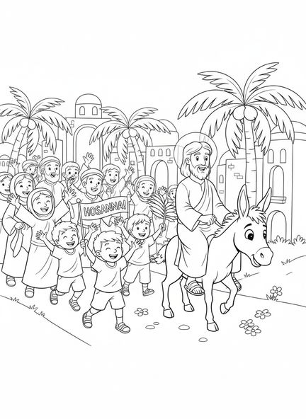 Jesús en un burro, página para colorear de la Entrada Triunfal para niños de 5 a 10 años