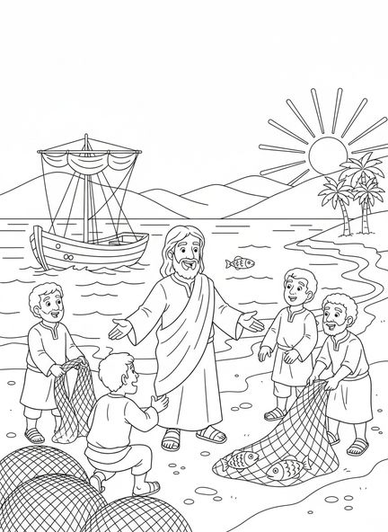 Jesús llamando a cuatro discípulos, página para colorear de los Doce Discípulos para niños de 5 a 10 años.