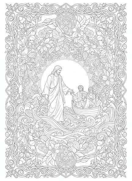 Jesús caminando sobre el agua, página para colorear Caminando Sobre el Agua estilo journaling bíblico para adultos