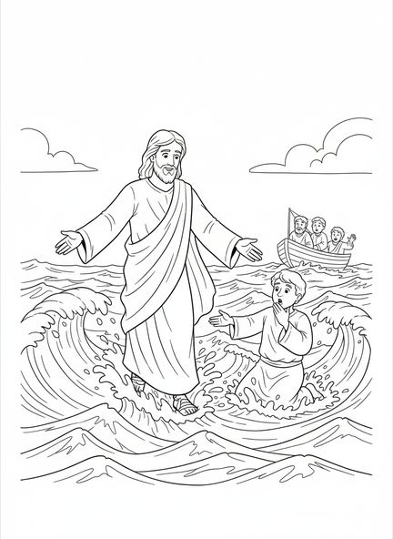 Jesús caminando sobre el agua, página para colorear Caminando Sobre el Agua para niños de 5 a 10 años.