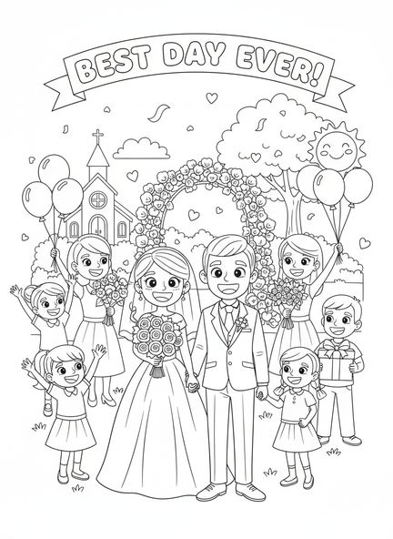 Novios sonriendo, página para colorear de la Boda en Caná para niños de 5 a 10 años.