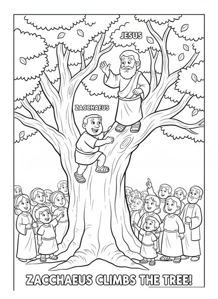 Zaqueo subiendo a un árbol, página para colorear de Zaqueo para niños de 5 a 10 años