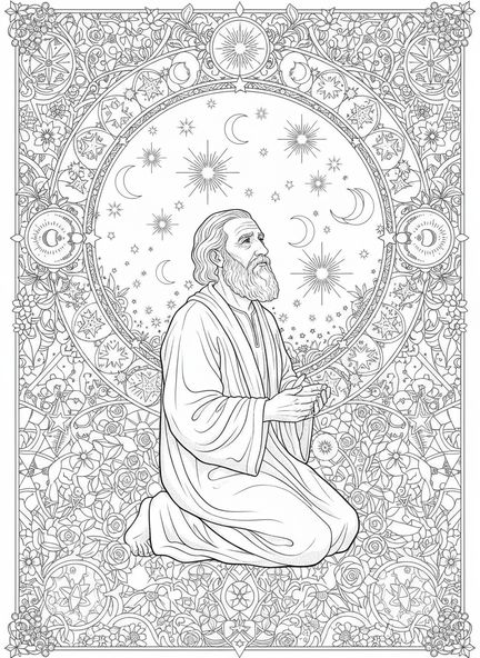 Abraham bajo un cielo estrellado, página para colorear de Abraham estilo journaling bíblico para adultos