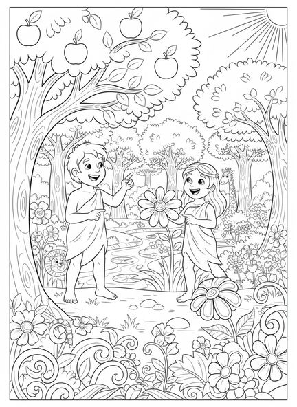 Adán y Eva en el jardín, página para colorear de Adán y Eva para niños de 5 a 10 años