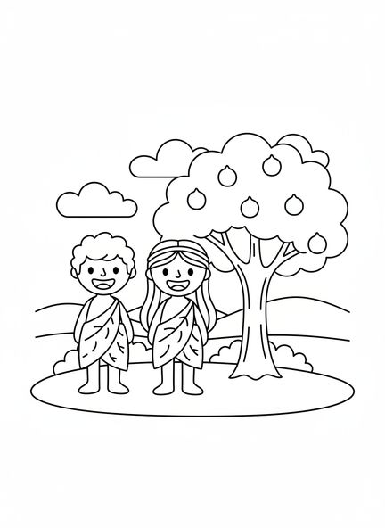 Adán y Eva sonriendo, página para colorear de Adán y Eva para niños de 3 a 5 años