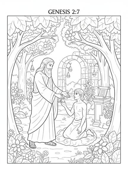 Dios creando a Adán, página para colorear de Adán y Eva para niños de Escuela Dominical de 5 a 12 años.