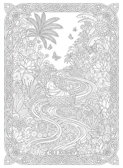 El bebé Moisés en una canasta, página para colorear del bebé Moisés para adultos en estilo de journaling bíblico