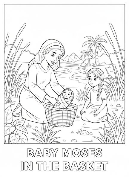 Una madre colocando al bebé Moisés en una canasta, página para colorear del bebé Moisés para niños de 5 a 10 años