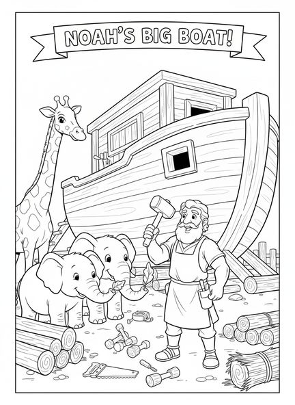 Noé construyendo el arca, página para colorear de los Libros de la Biblia para niños de 5 a 10 años